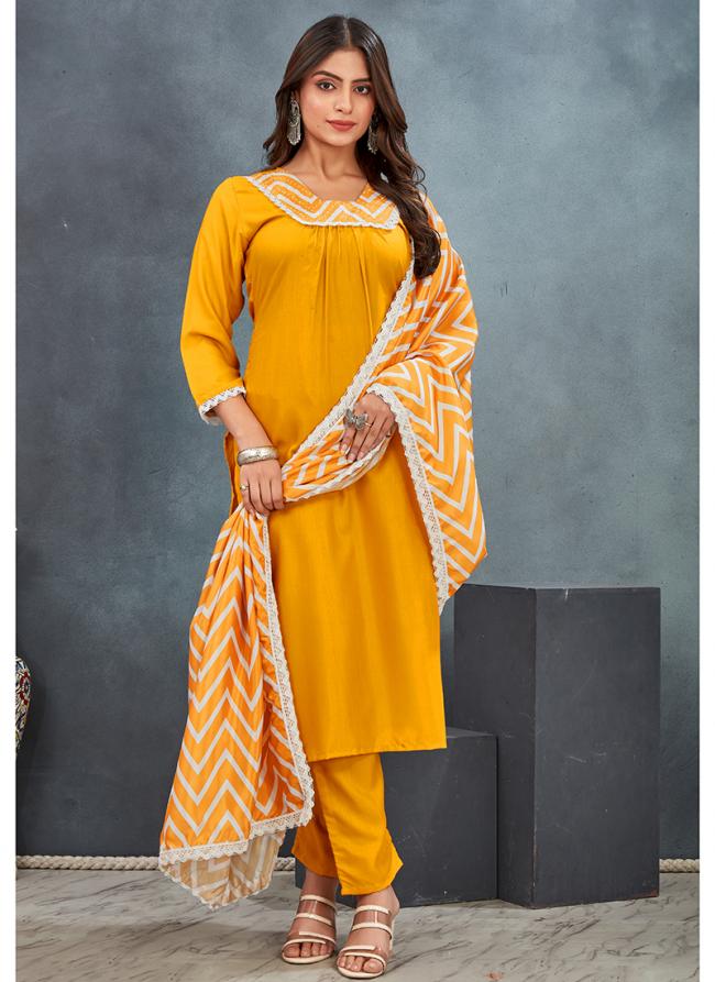 Rayon Yellow Casual Wear Printed Readymade Kurti Set